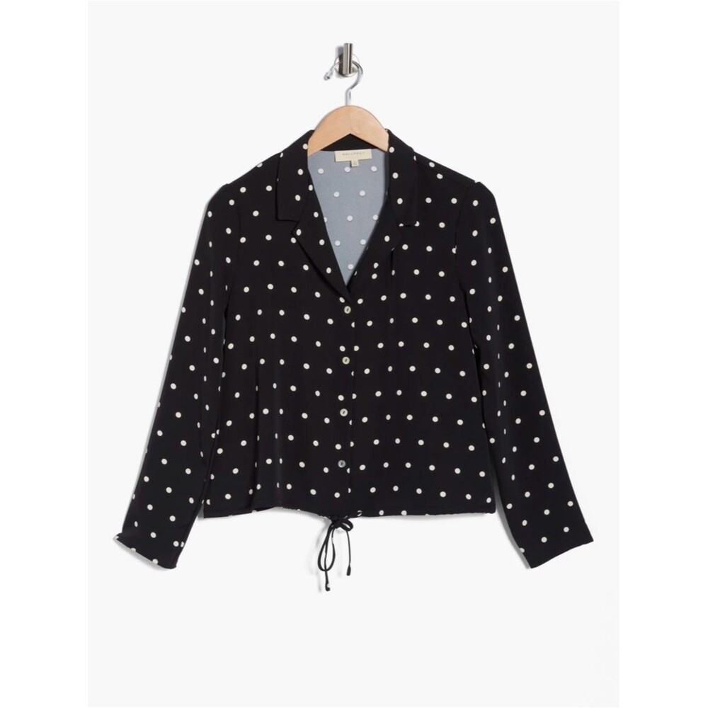 Melloday Black bone dot Button up Blouse Size L Polka Dot